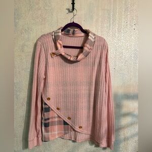 Source Unknown Soft Pink Ribbed Plaid Accent Cowl Neck With Buttons Sweater XL